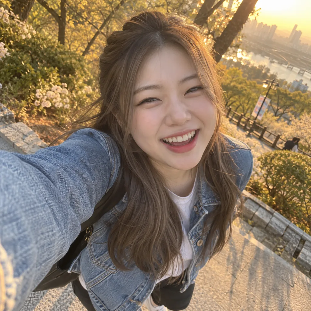 공원에서 위에서 내려다보는 각도로 웃으며 찍은 반묶음 헤어 모델의 셀카 예시