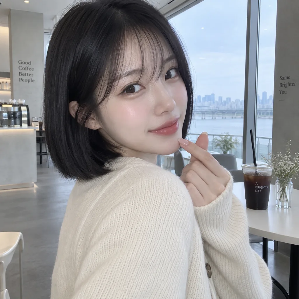 카페 창가에서 몸을 돌려 찍은 단발 헤어 모델의 셀카 예시