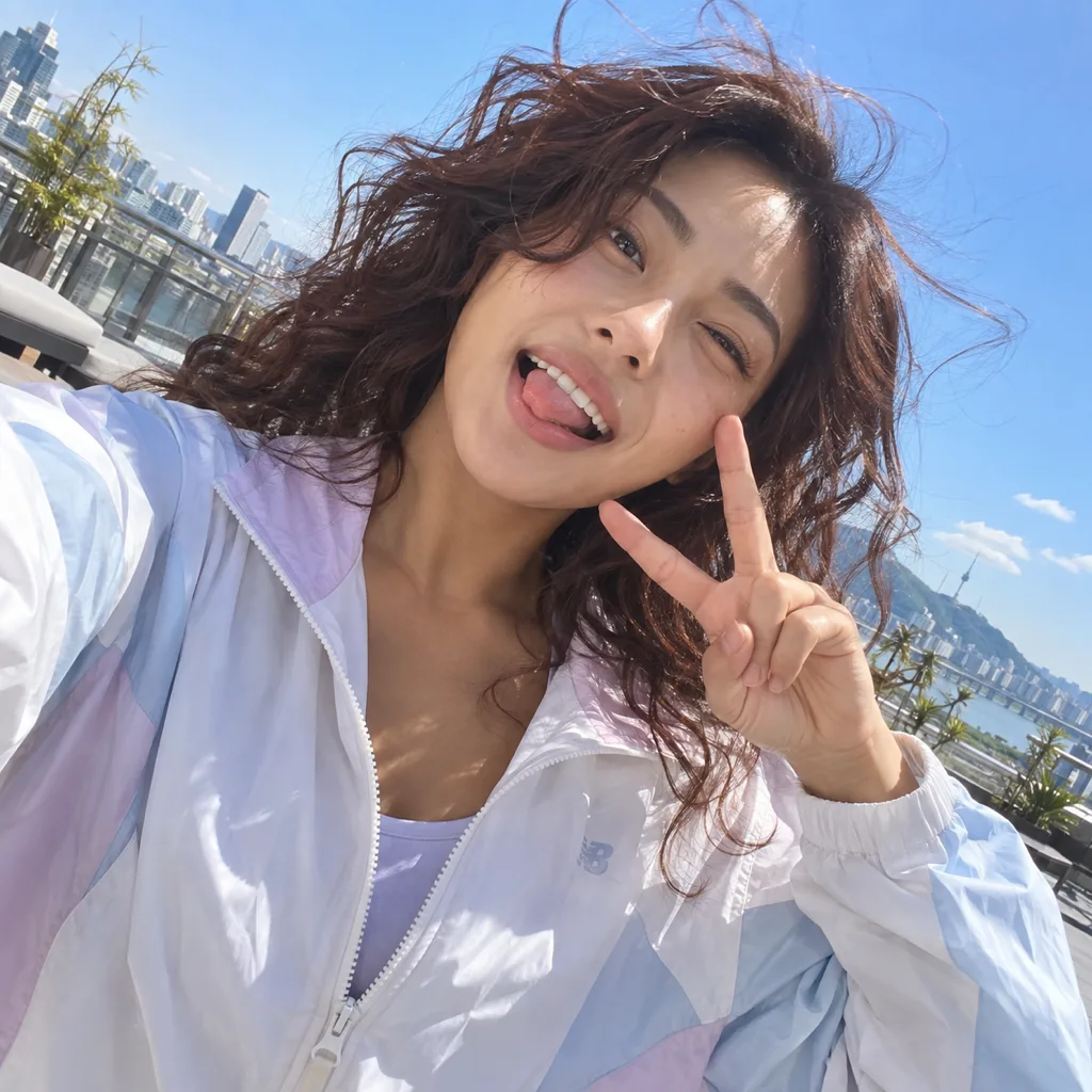 옥상에서 브이 포즈로 윙크하는 웨이브 헤어 모델의 셀카 예시