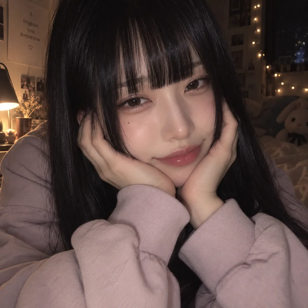 조명 아래 턱을 괸 클로즈업 히메컷 헤어 모델의 셀카 예시